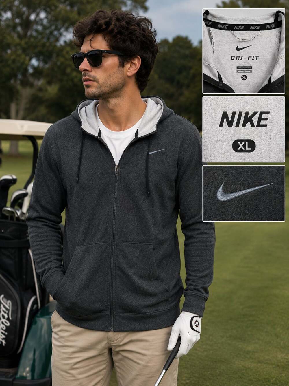 Nike Dri-FIT Mens XL Full Zip Hoodie Charcoal Gray Golf Training Sweatshirt